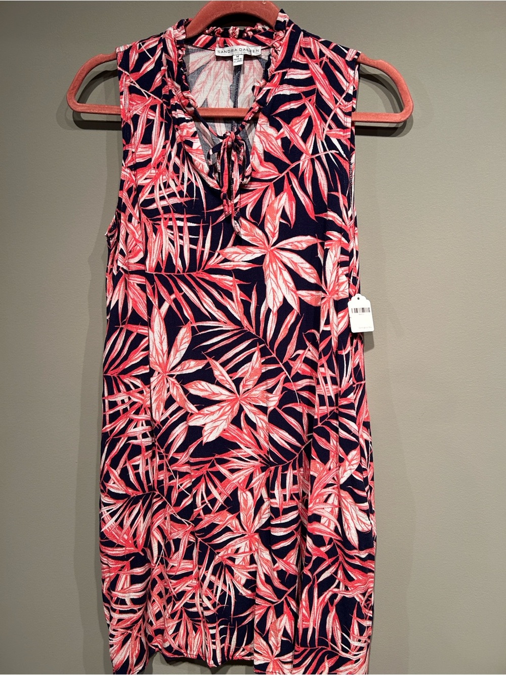 Sandra Darren Navy Dress with Coral Leaf Print